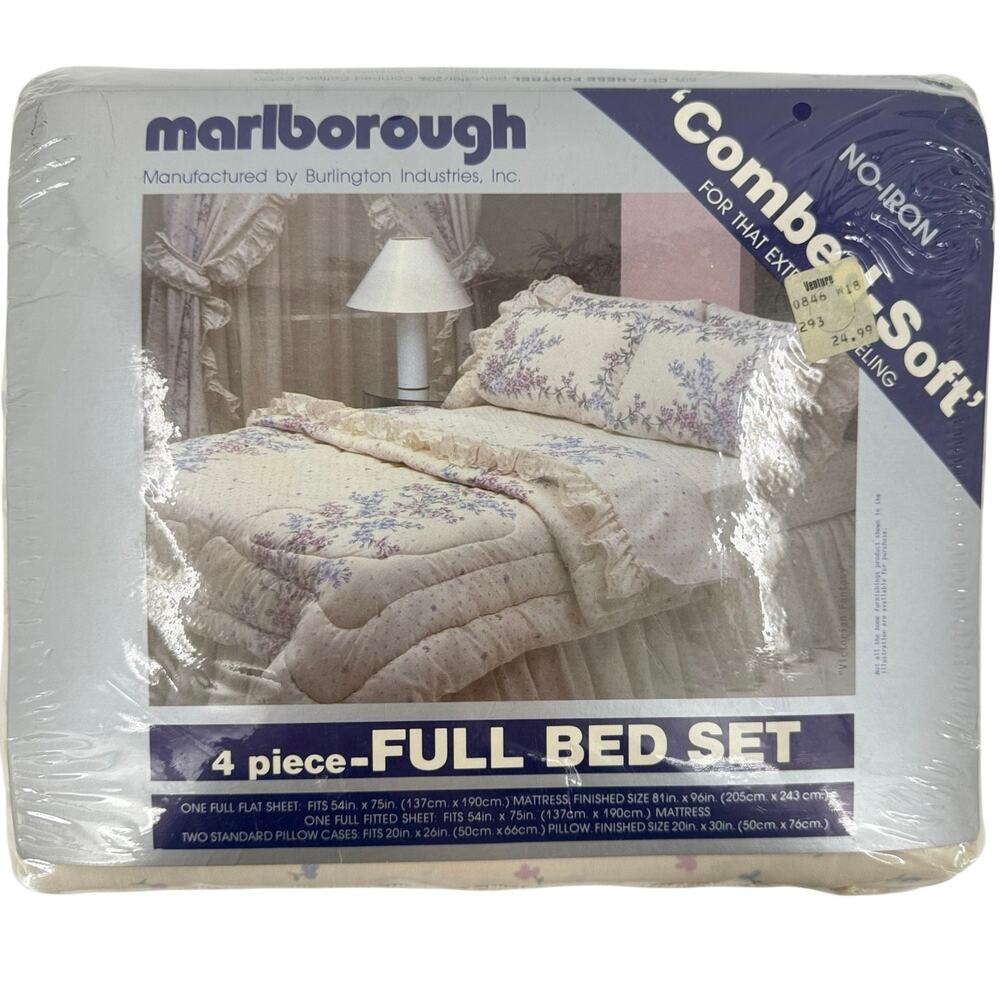 Vintage Marlborough Floral Full Sheet Set Lace Ruffle Combed-Soft 4 Pc NOS USA